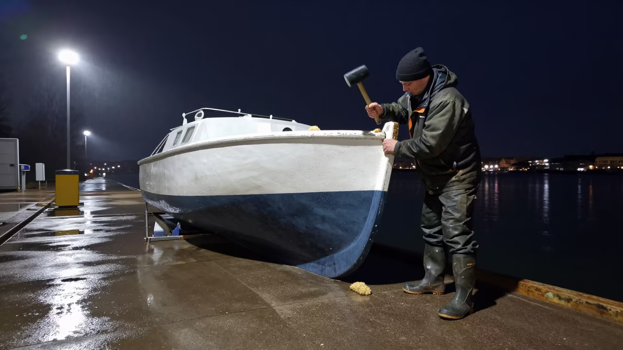 Shipwright Caulking Hull at Tampere Harbor Night in at a harbor edge in Tampere