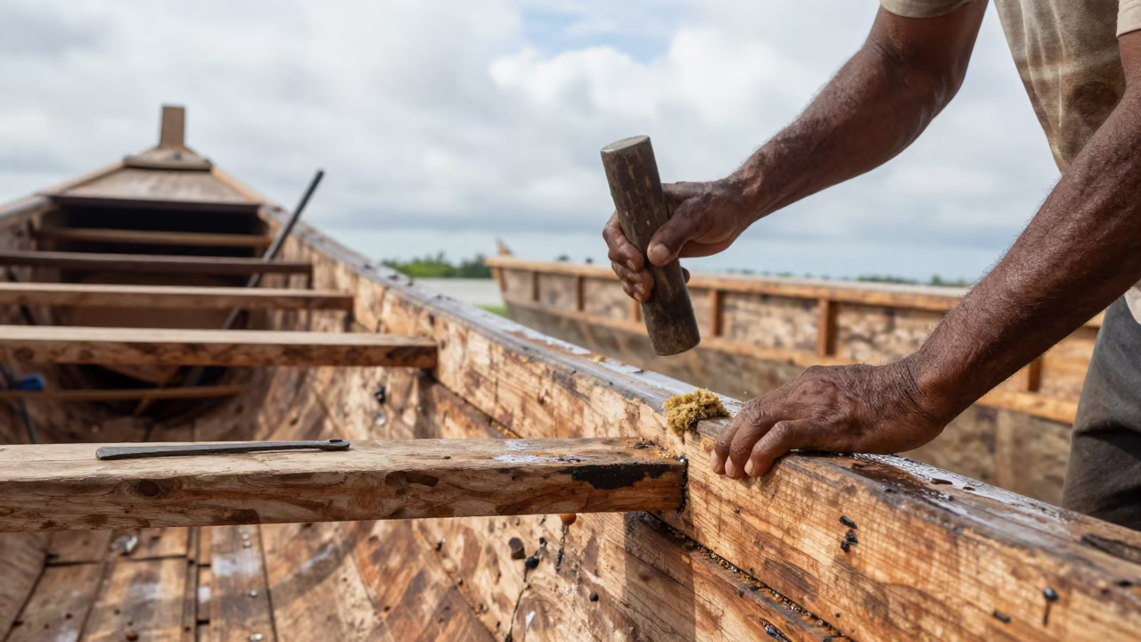 Shipwright Caulking Hull in Wet Season Light in in Pereira