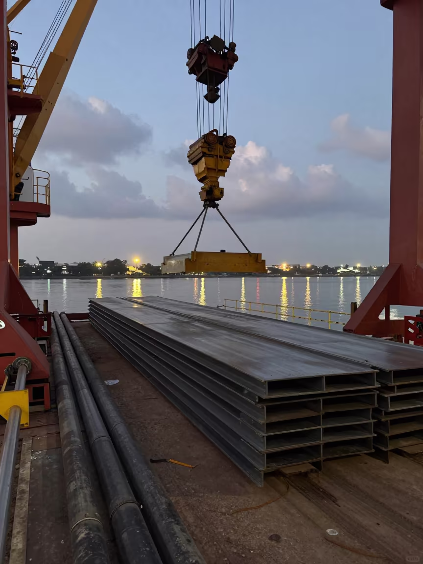 Shipyard Crane Lifts Deck Section at Dusk in along a service road lined with pipes in Cambodia