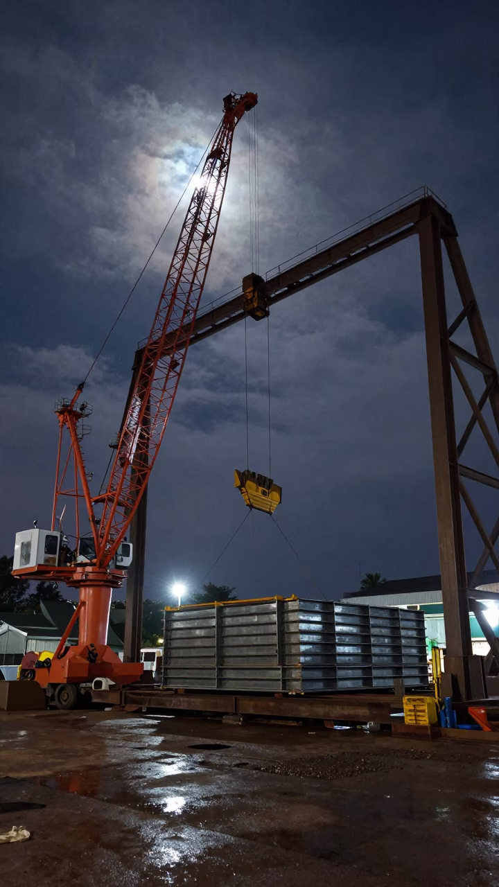 Shipyard Crane Lifts Deck Section at Night in beside exposed structural steel near Vientiane