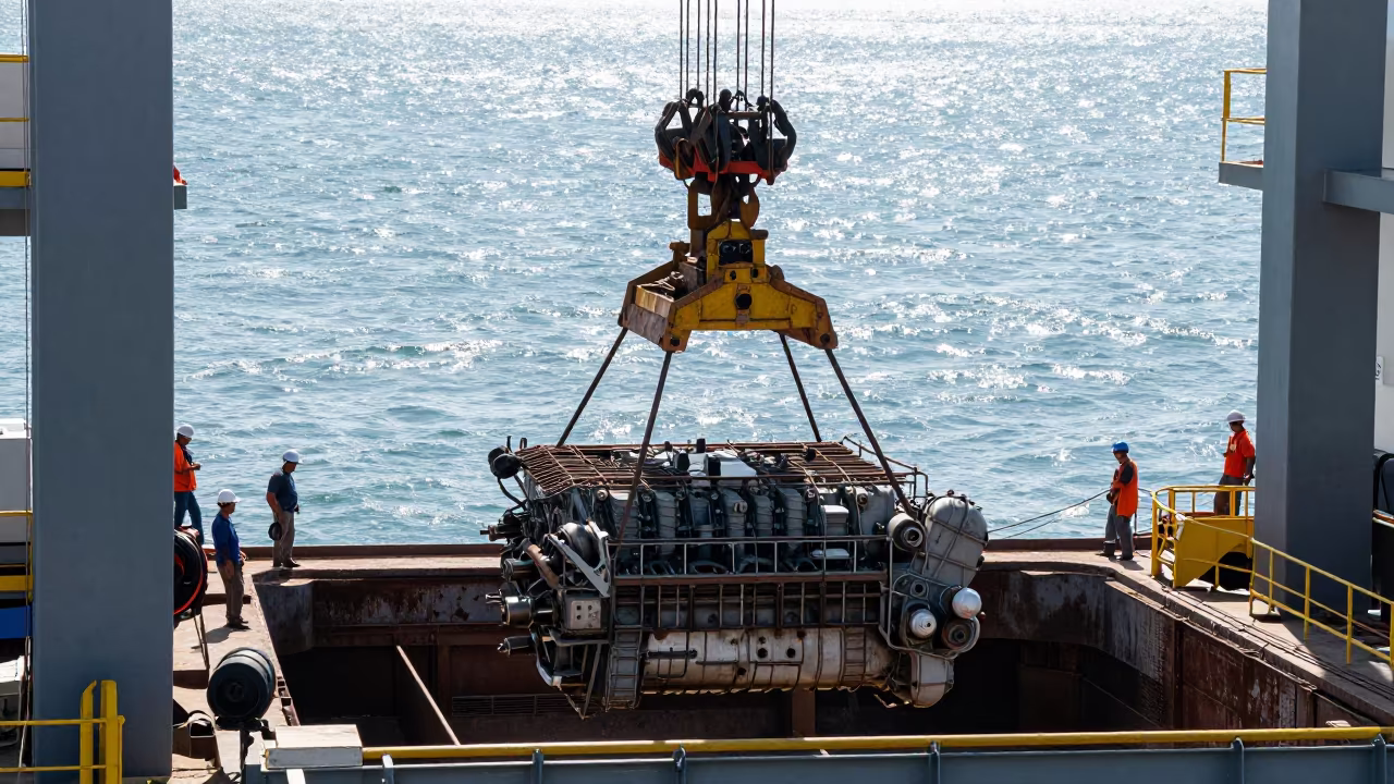 Shipyard Crane Lowers Engine Block Into Hull in across an active works site near San Cristobal de las Casas