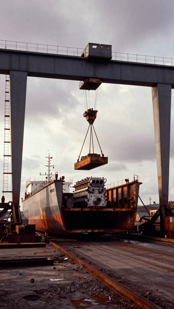 Shipyard Crane Lowers Engine Block Into Hull in under gantries and utility towers near Kampala