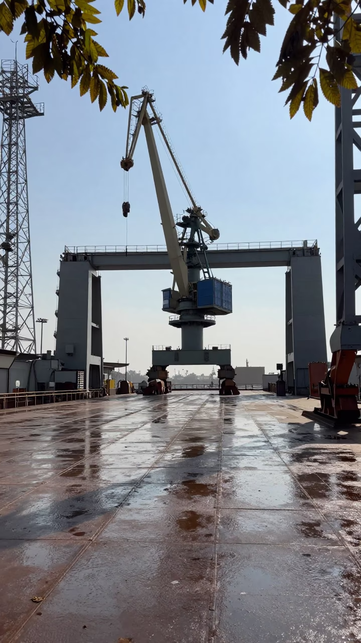 Shipyard Crane Above Rain Slick Hull Plates in under gantries and utility towers near Kabul