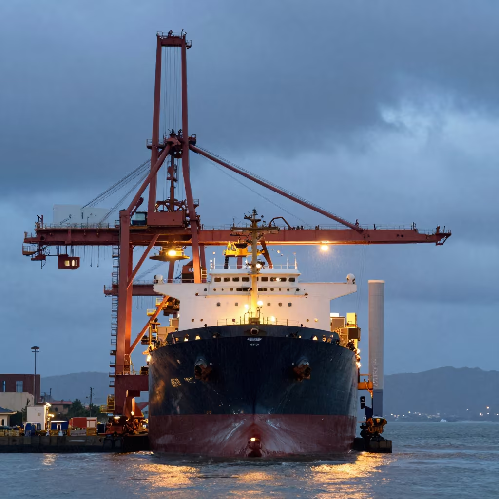 Shipyard Gantry Over Hull in Gray Rain at Twilight in across an active works site near San Pedro de la Paz