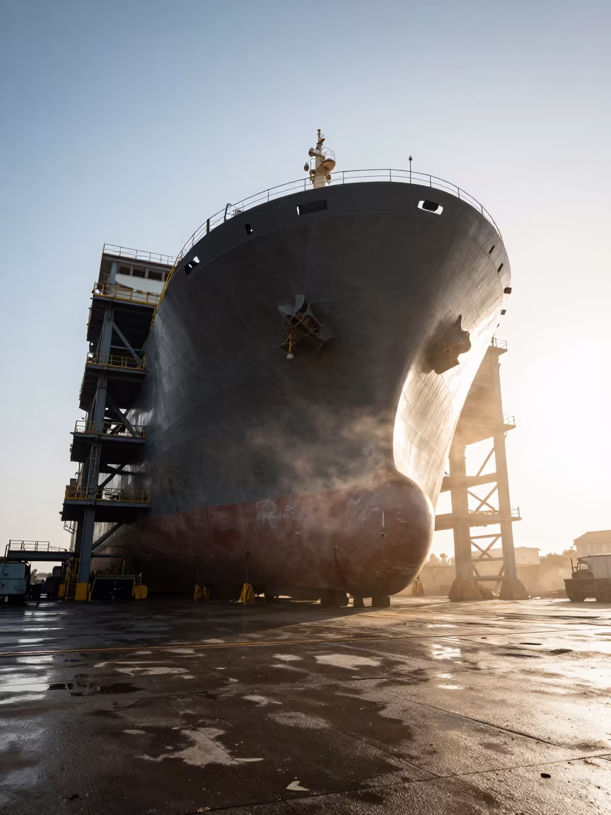Shipyard Hull Under Construction in Late Afternoon in beside exposed structural steel near Atbarah