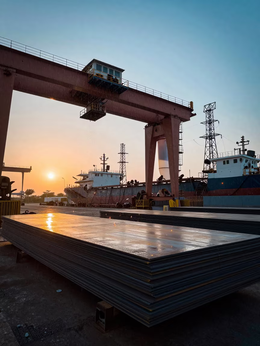 Shipyard Plate Shop Sparks Rain Drizzle Kuwait in under gantries and utility towers in Kuwait