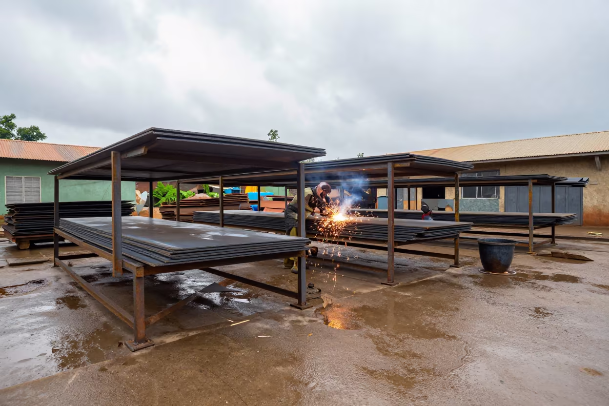 Shipyard Plate Shop Sparks Rain Midday in across an active works site in Burundi