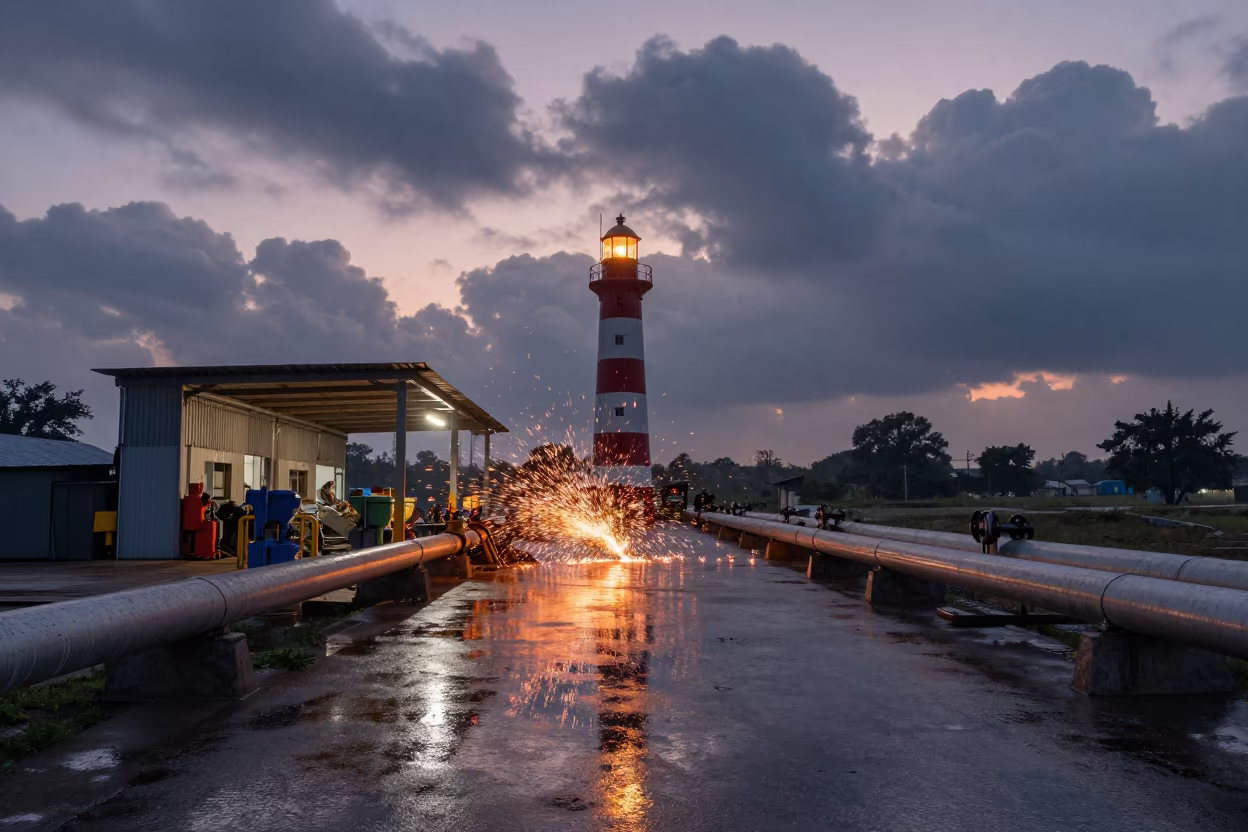 Shipyard Sparks in Predawn Rain and Light in along a service road lined with pipes near Chakwal