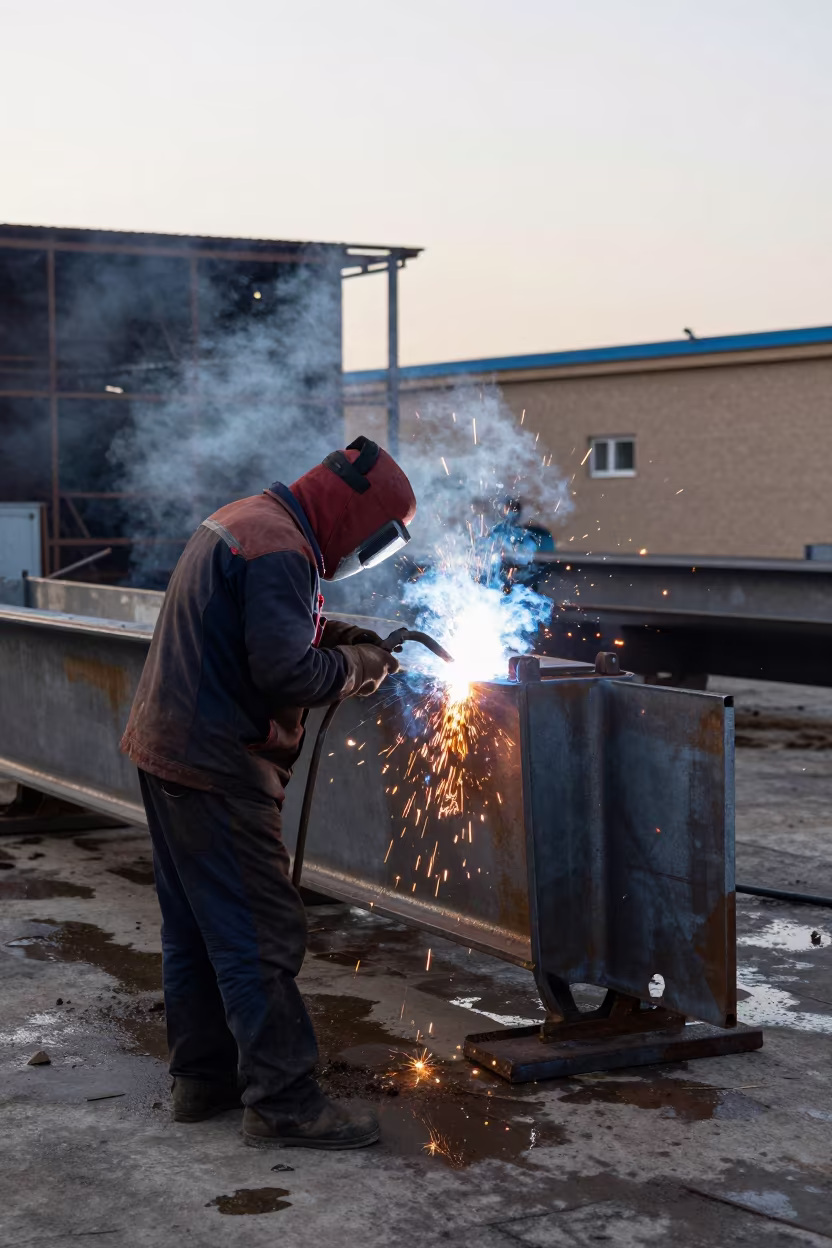 Shipyard Welder Sparks Fly on Hull Plate in near Namangan