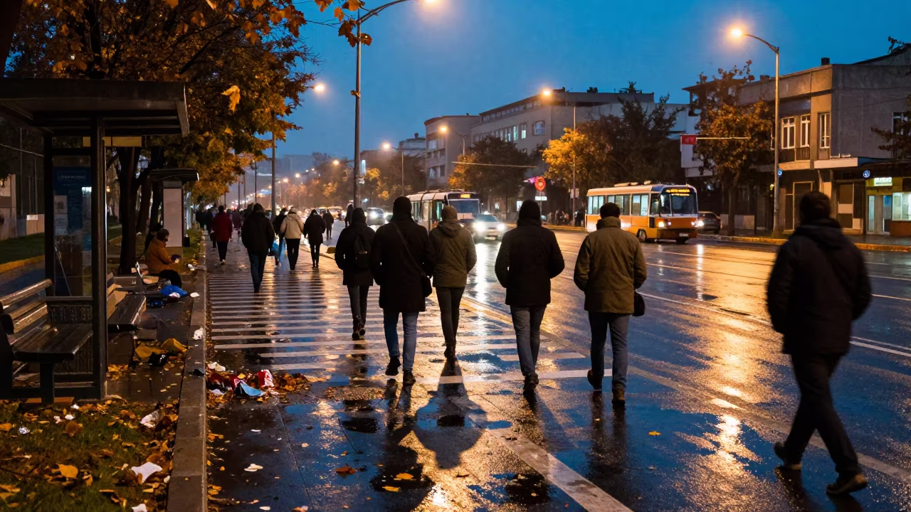 Shiraz Commuters Dodge Puddles at Dusk in at a tram stop in Shiraz