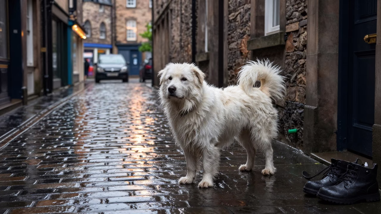 Shivering White Dog Waiting by Boot Scraper in Edinburgh Rain in in Edinburgh, United Kingdom