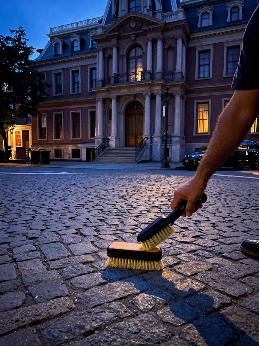 Shoe Brush and Leather Shine on Philadelphia Cobblestone During Indigo Twilight in in Philadelphia, Pennsylvania, United States