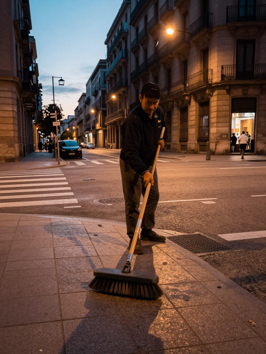 Shoe brush on Barcelona street corner during early evening with local interaction in in Barcelona, Spain