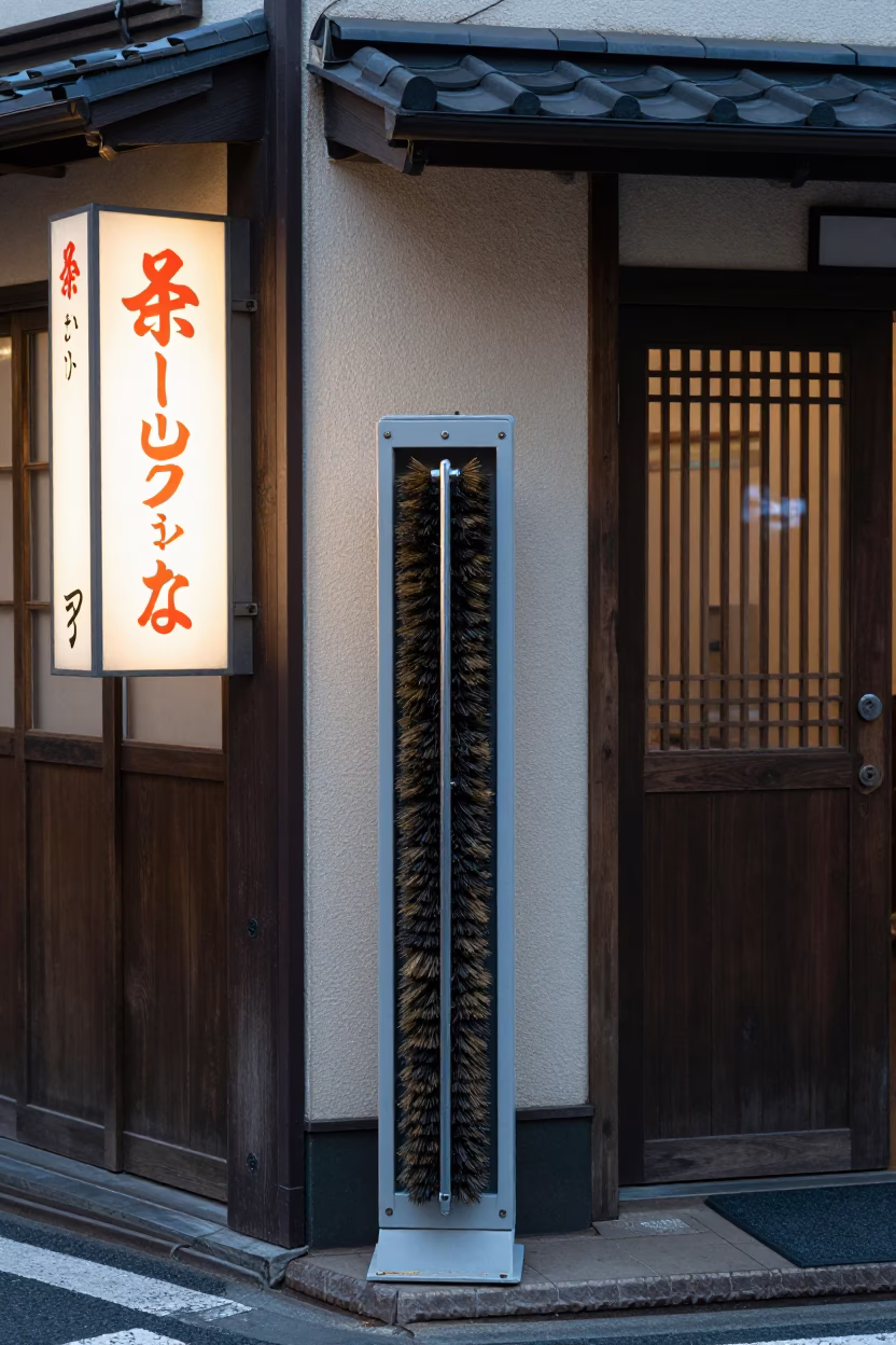 Shoe brush station and neon lights in early evening Tokyo street corner in in Tokyo, Japan
