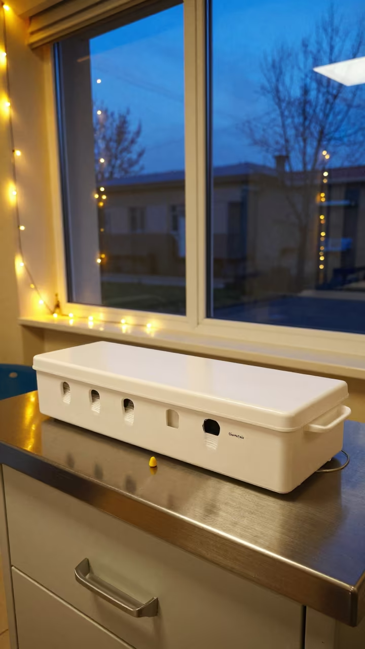 Shoe Cover Box at Nurse Station Under String Lights in at a nurse station under monitor glow in Kutaisi