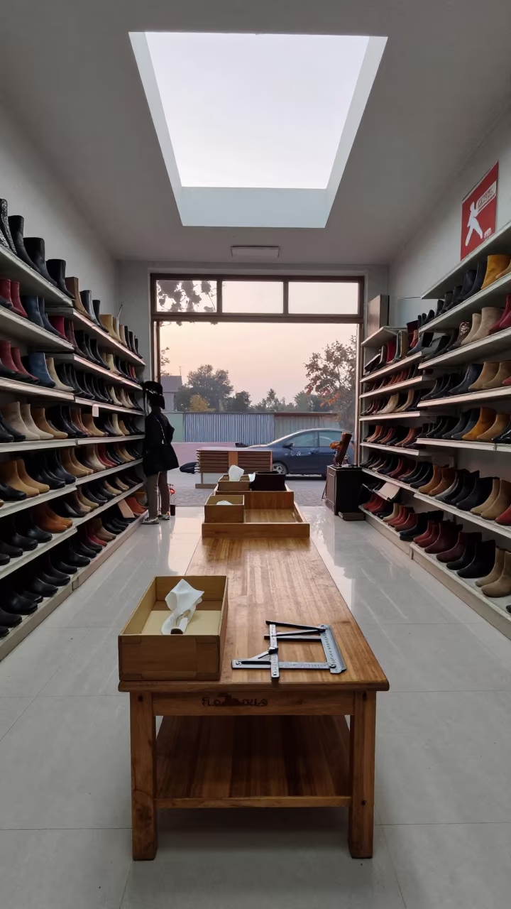 Shoe Fitting Bench at Dawn in Dera Ghazi Khan Store in at a checkout lane under flat store light in Dera Ghazi Khan