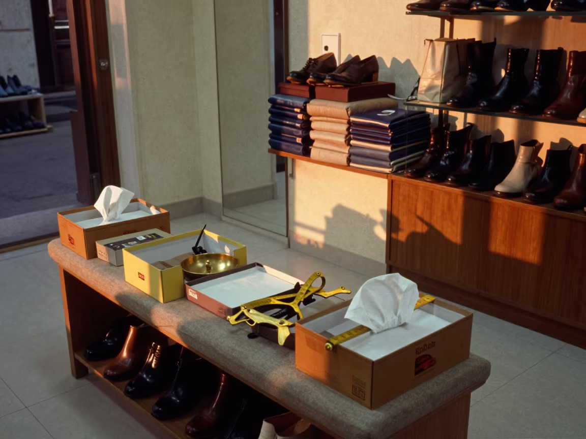 Shoe Fitting Bench Giza Sunset Reflections in at a cash wrap counter with bags stacked nearby in Giza