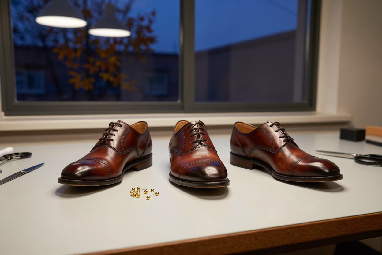 Shoe Lineup and Pins on Tailoring Table in at a tailoring table strewn with chalk and shears in Nampo