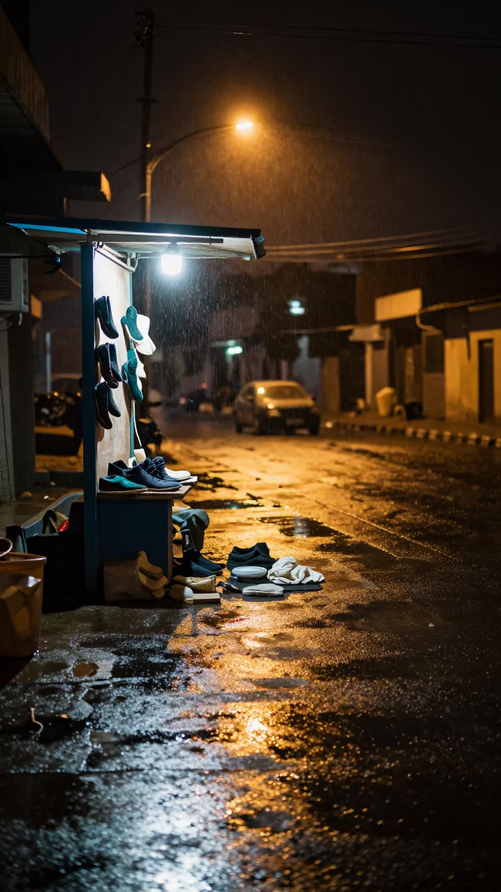 Shoe Shine Under Neon Haze at Midnight in beneath a flickering underpass light in Hargeisa