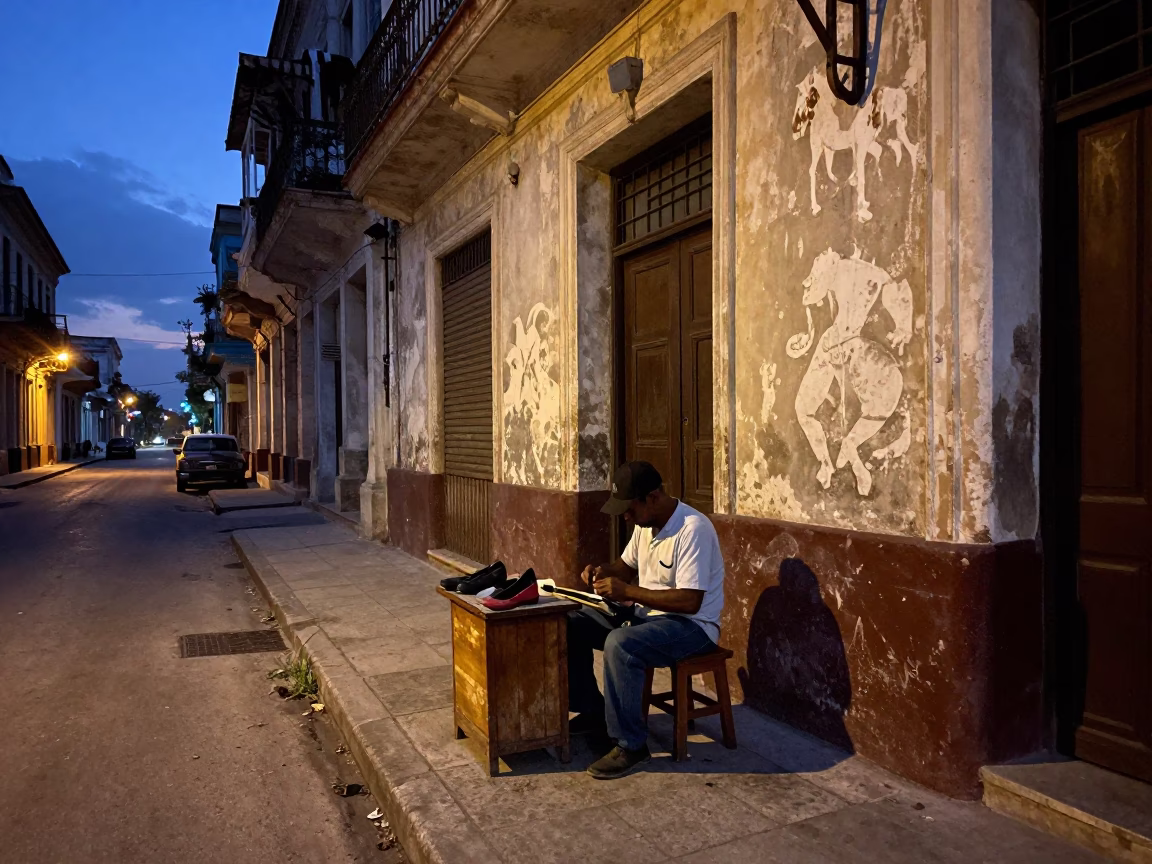 Shoe Shine Station at Dawn in Old Havana Cuba with Ceramic Plate and Brush in in Havana, Cuba