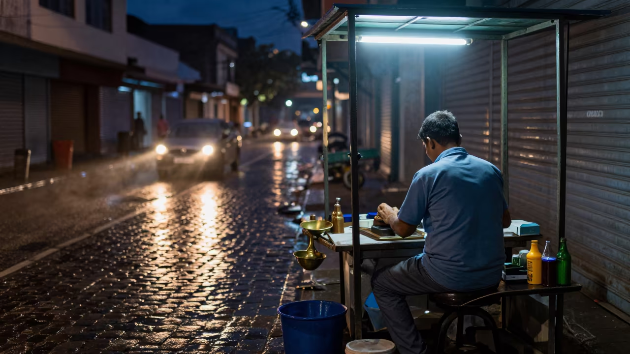 Shoe Shine Under Neon Haze Nellore Night in along a shuttered arcade in Nellore
