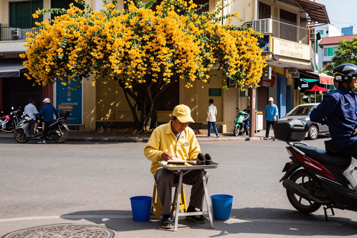 Shoe shiner at busy Saigon intersection with yellow bougainvillea in in Ho Chi Minh City, Vietnam