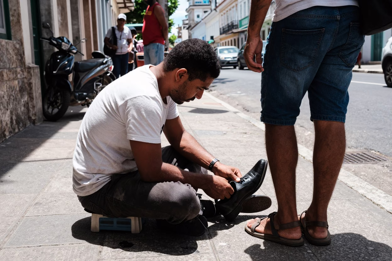Shoe Shiner at Work on Busy Salvador Brazil Sidewalk Midday Sunlight in in Salvador, Brazil