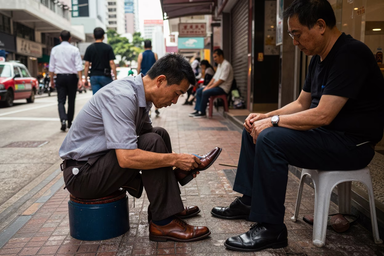 Shoe Shiner Attending to Customer on Busy Hong Kong Sidewalk in Early Afternoon in in Hong Kong, Hong Kong