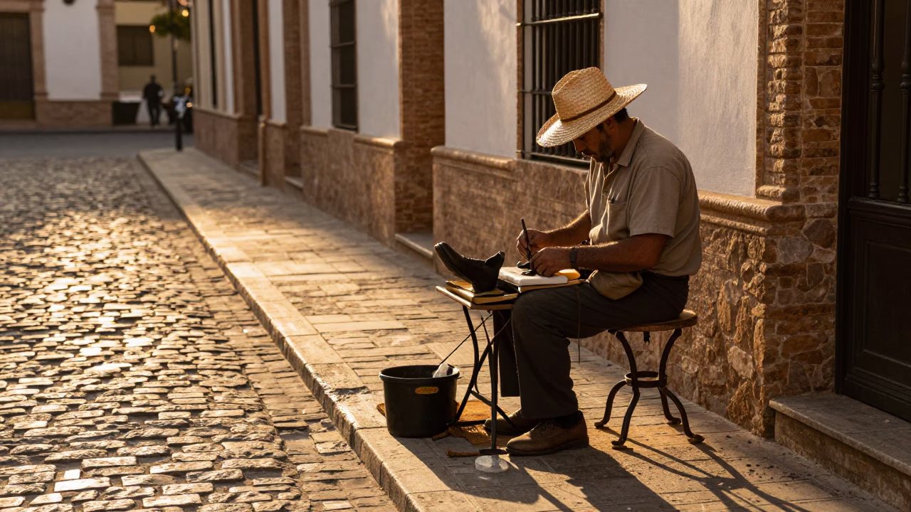 Shoe Shiner in Seville in in Seville, Spain