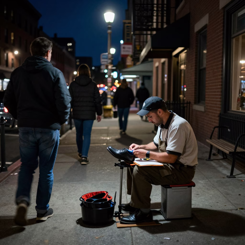Shoe shiner working on busy Boston sidewalk under deep night sky in in Boston, Massachusetts, United States