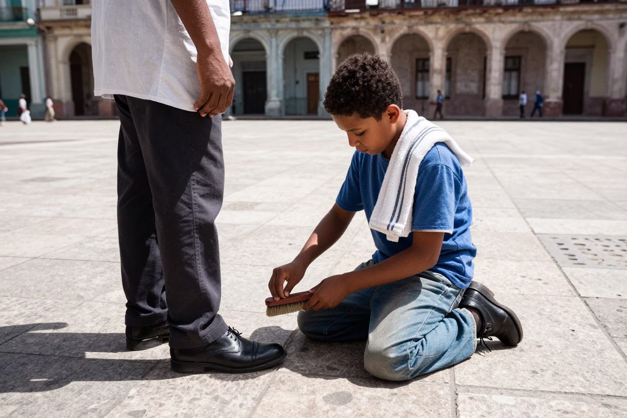 Shoe Shining Boy in Havana Plaza with Striped Towel and Carafe at Midday in in Havana, Cuba