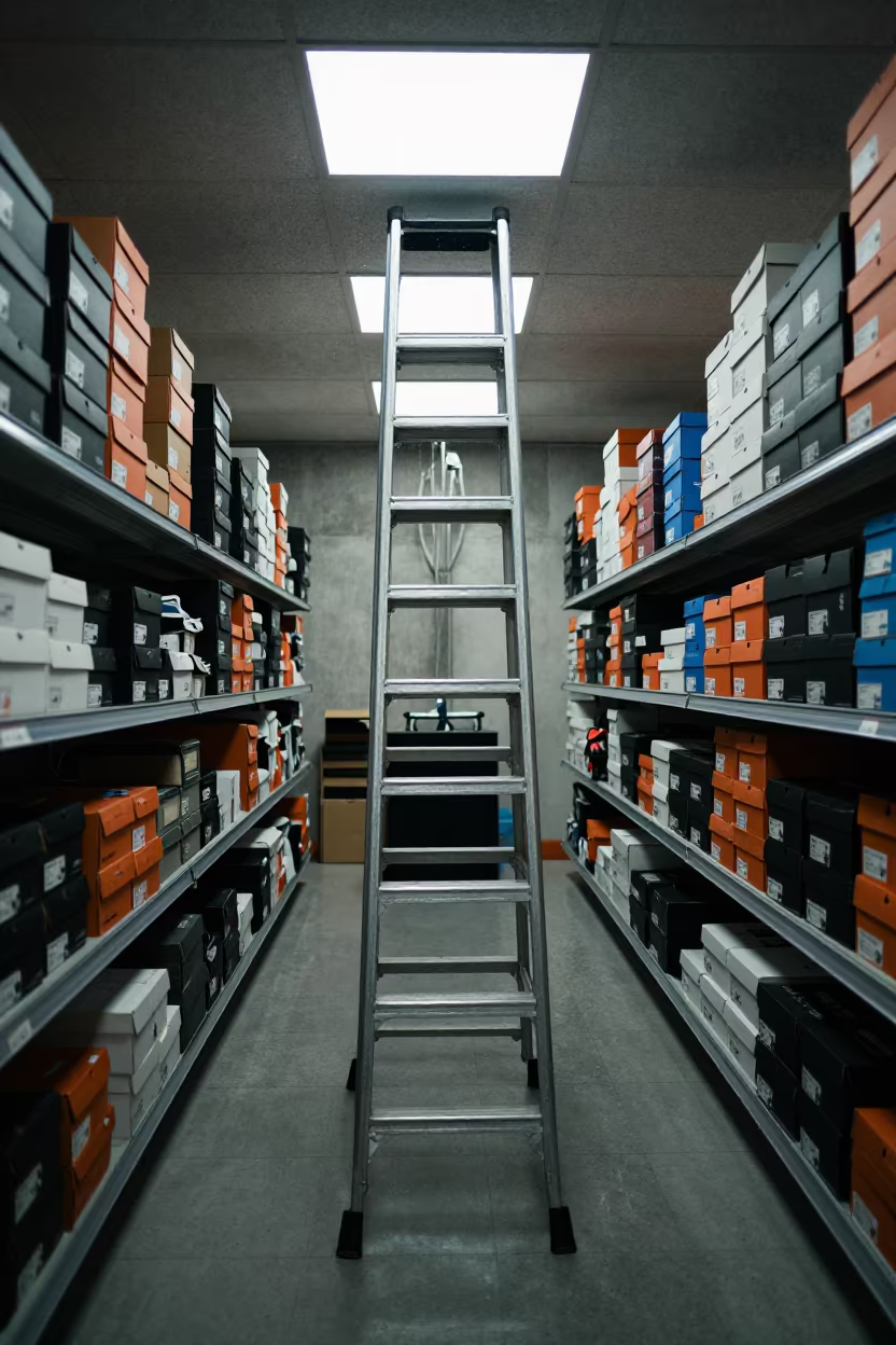 Shoe Stockroom Ladder Under Fluorescent Retail Light in inside a stockroom behind the sales floor in Zona Sur, La Paz