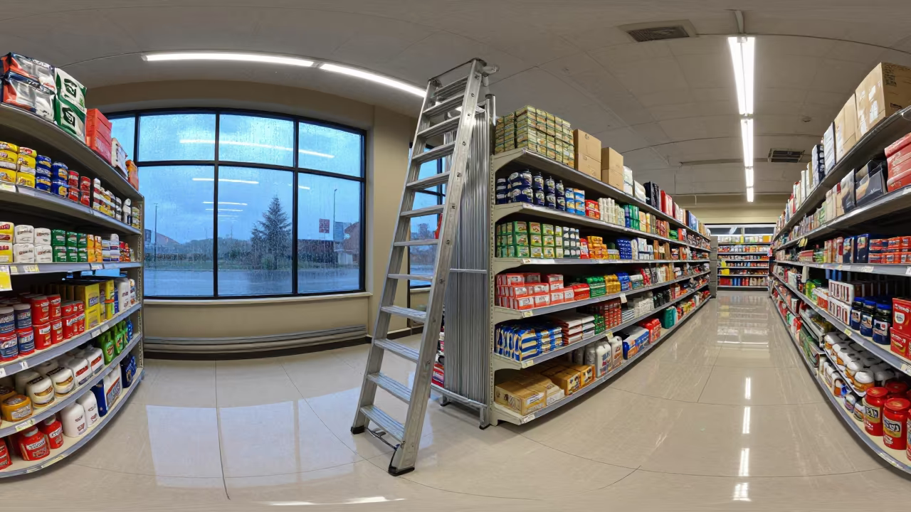 Shoe Stockroom Ladder in Kilis Grocery Aisle in along a grocery aisle under flat fluorescent light in Kilis