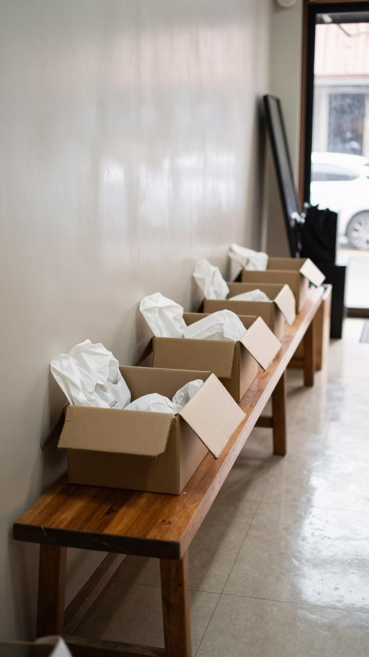 Shoe Store Bench with Open Boxes in Phrae in inside a fitting room corridor in Phrae