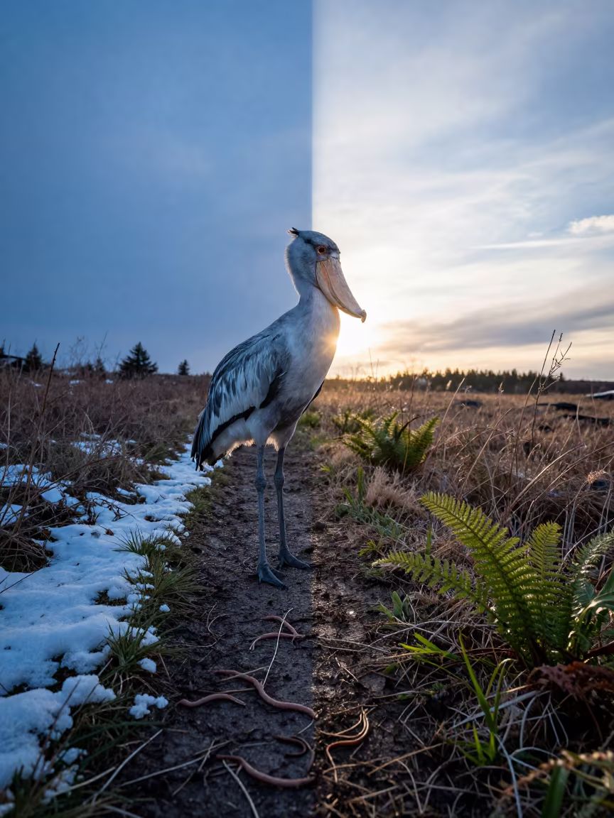 Shoebill Stork Blue Hour Split Weather Newfoundland in along a game trail in Newfoundland