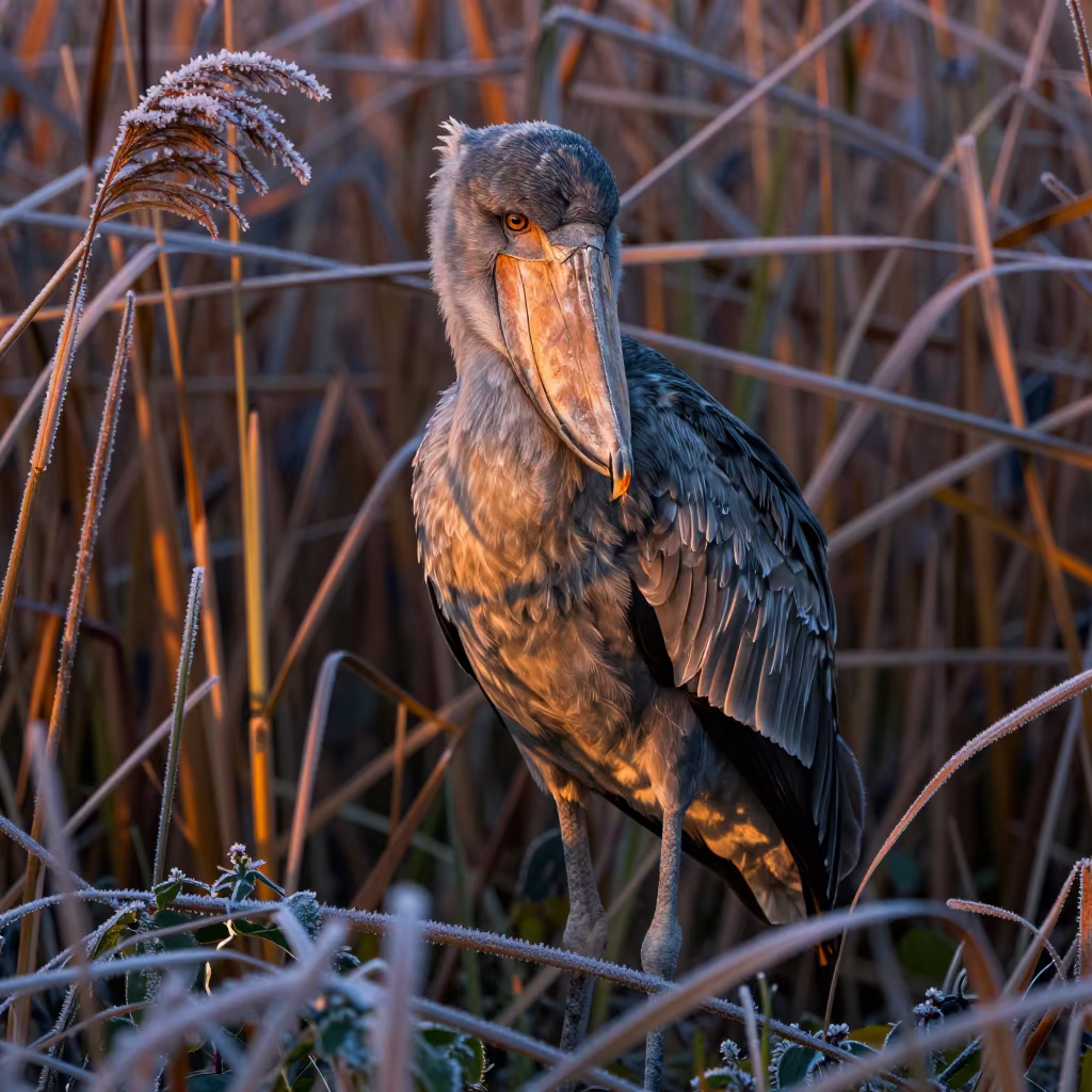 Shoebill Stork in Copper Light Near Beijing in at the edge of a reed bed near Beijing