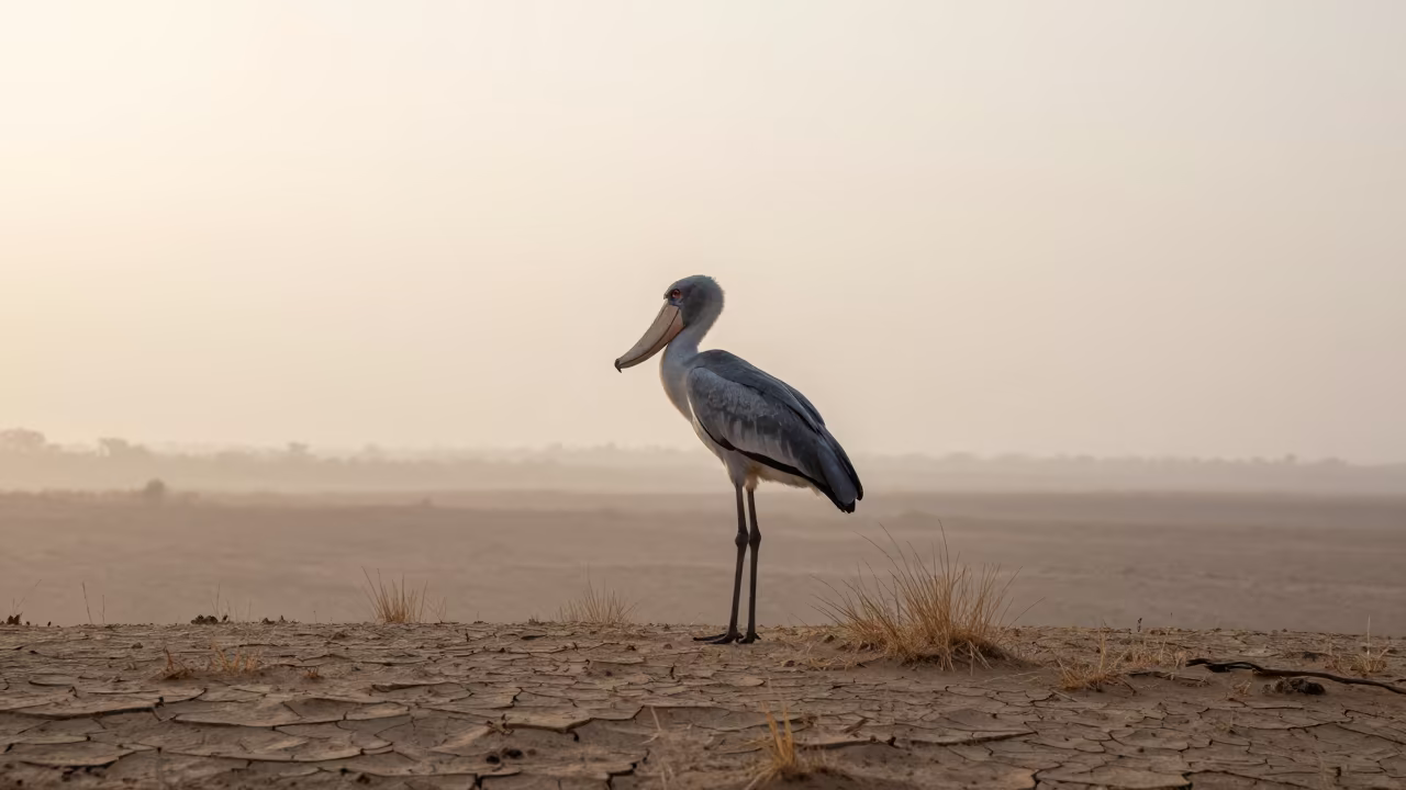 Shoebill Stork on Niger Ridge at Dawn in on a wind-scoured ridge in Niger