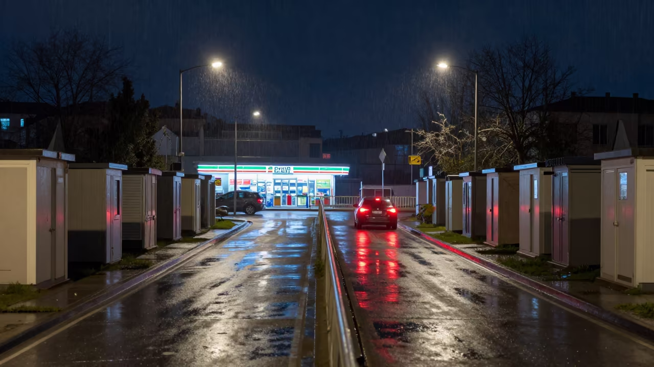 Shoebox Buildings Reflect on Wet Ravenna Pavement in outside a fluorescent convenience store in Ravenna