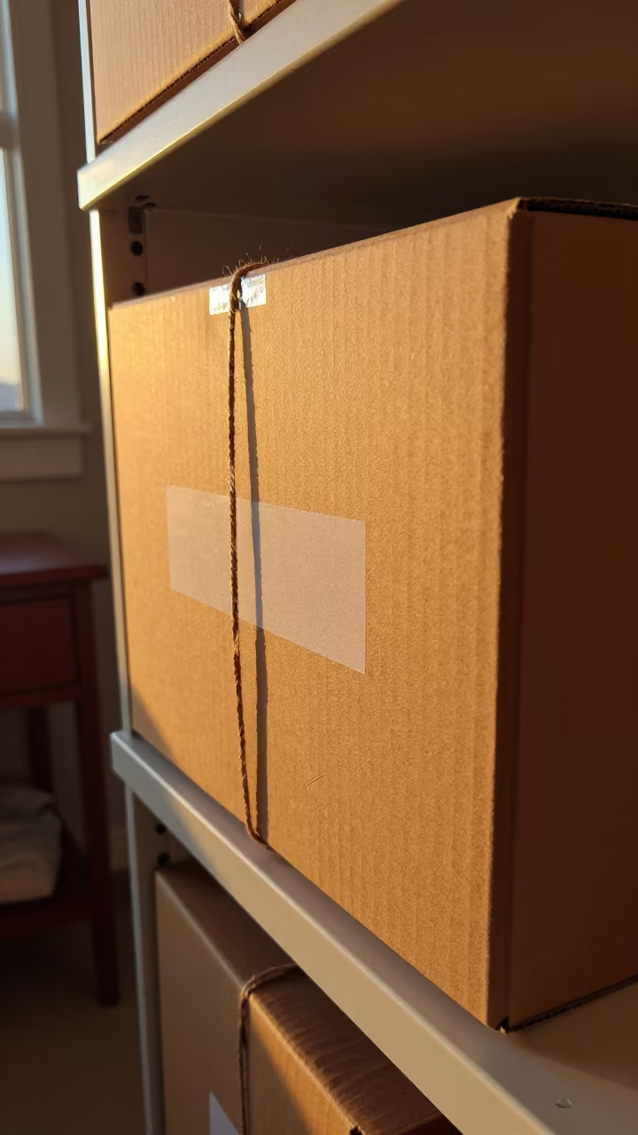 Shoebox Labelled with Twine on Pantry Shelf in on a bedside table near Palo Negro