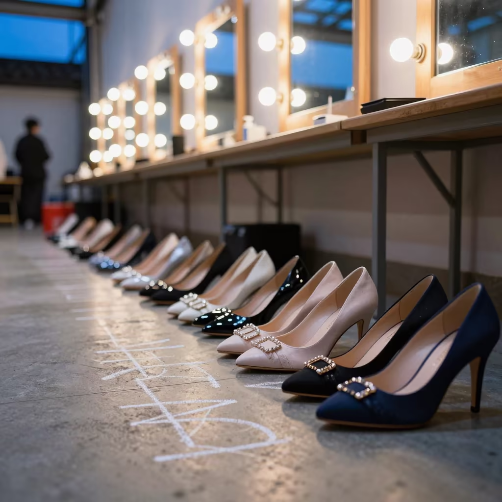 Shoes and Chalk Marks at Blue Hour Backstage Suzhou in beside a mirror lined with makeup bulbs near Suzhou