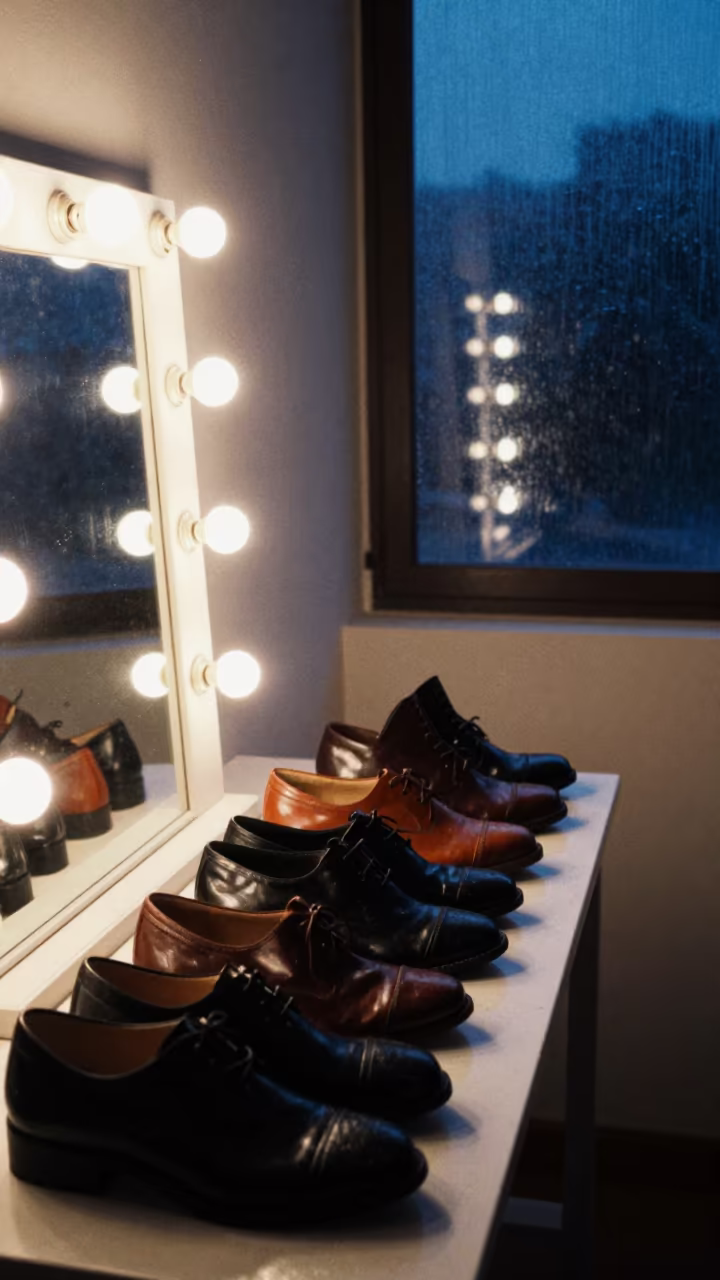 Shoes by Mirror Bulbs in Palma Atelier Twilight in beside a mirror lined with makeup bulbs near Palma