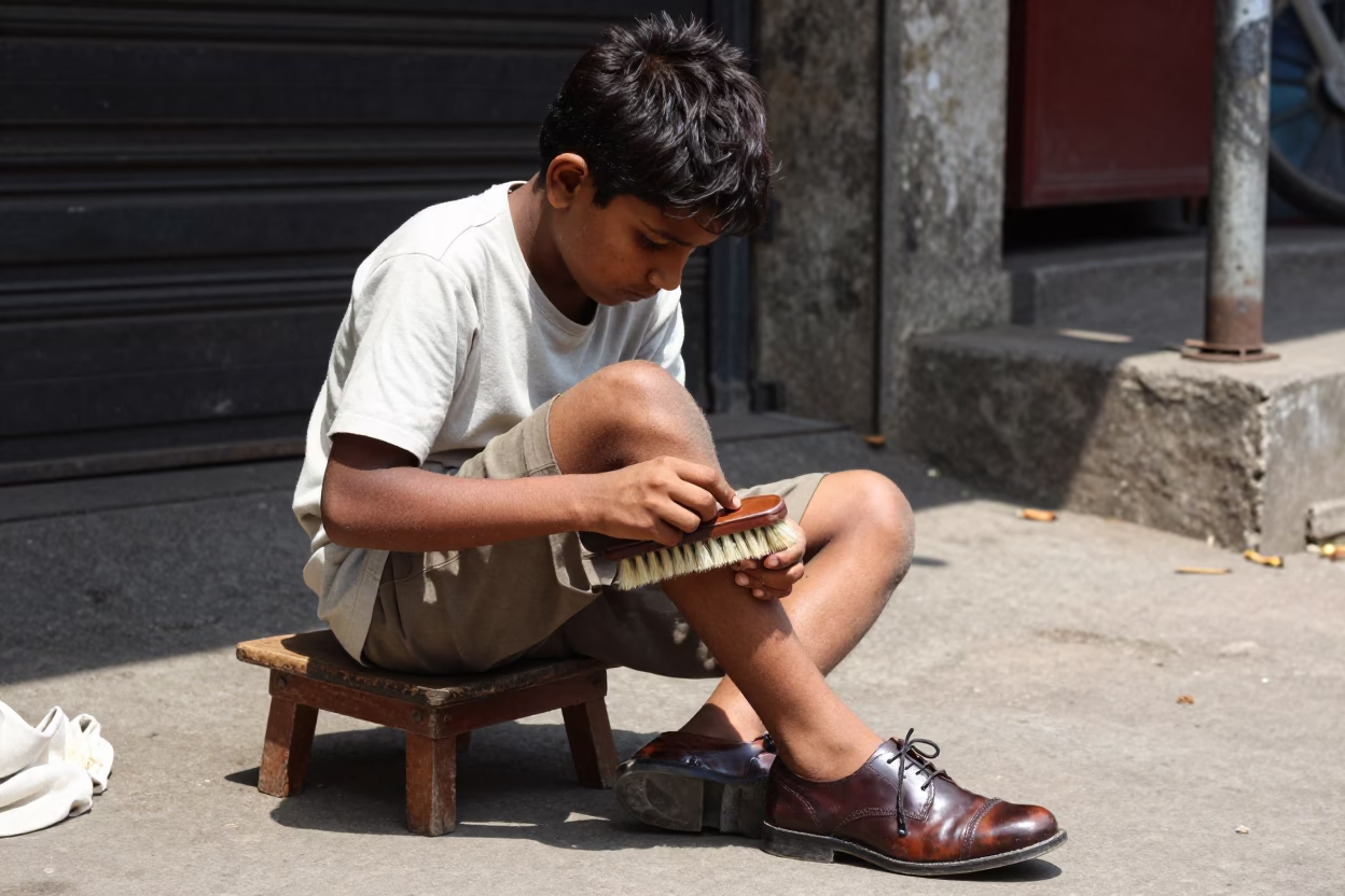 Shoeshine Boy Cleaning Leather Shoes on Kolkata Street Corner Midday in in Kolkata, India