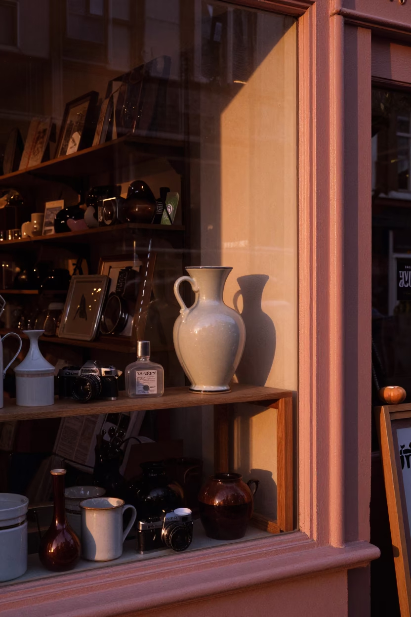 Shop Display in London at Copper-toned Light Before Dusk in in London, United Kingdom