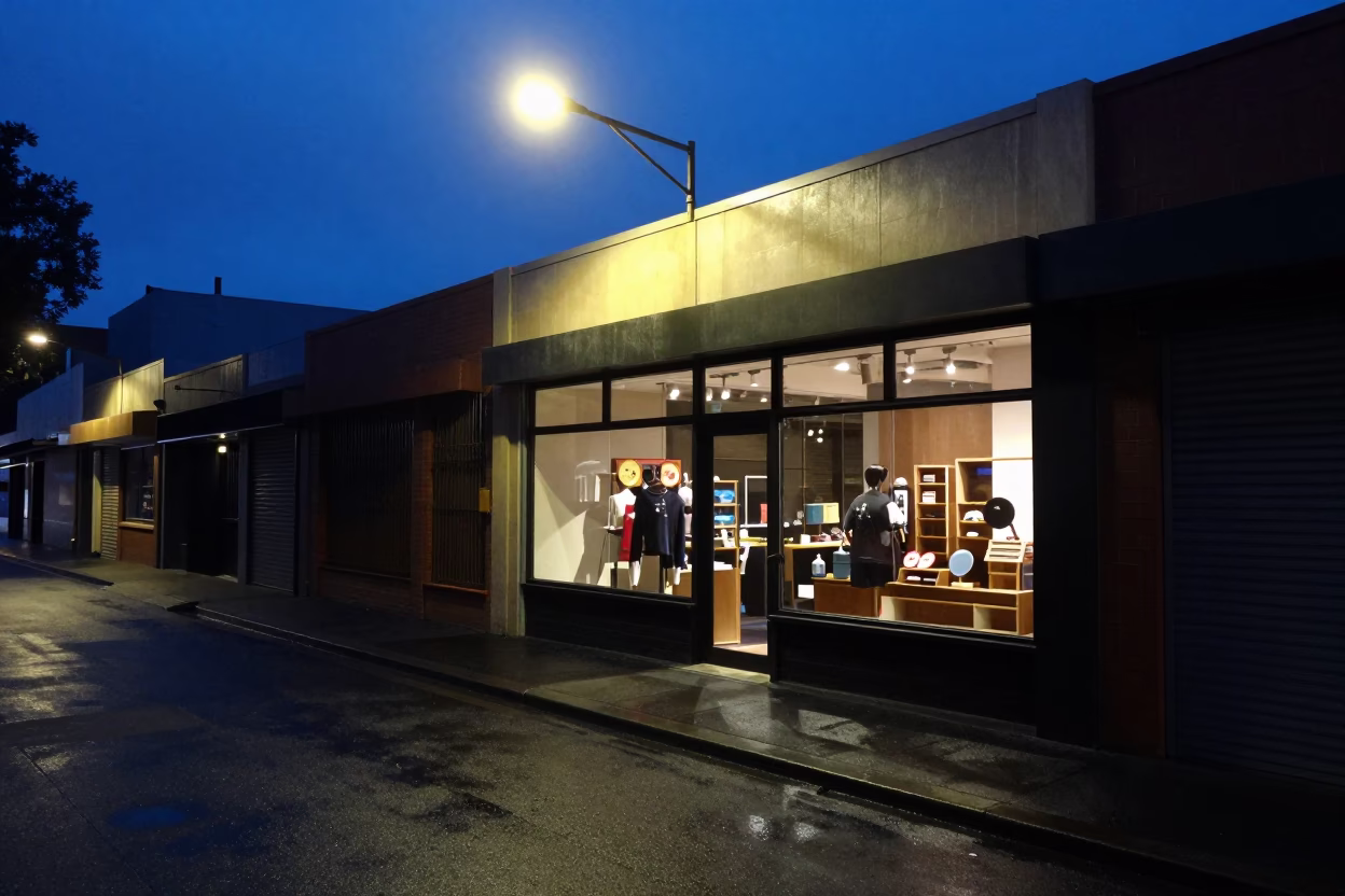 Shop Exterior in Melbourne at The Predawn Darkness Light in in Melbourne, Victoria, Australia