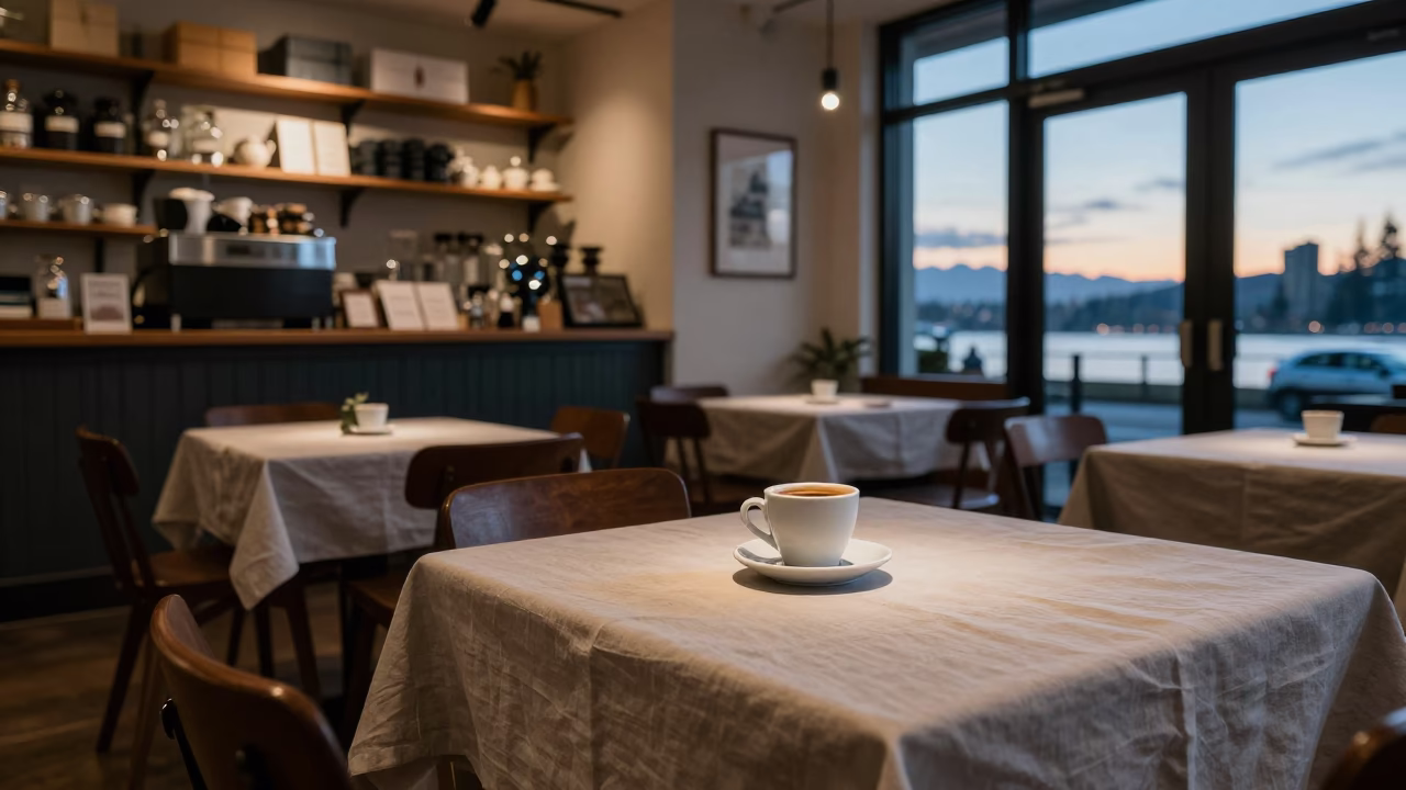 Shop Interior in Vancouver at The Still Hours Before Dawn Light in in Vancouver, British Columbia, Canada