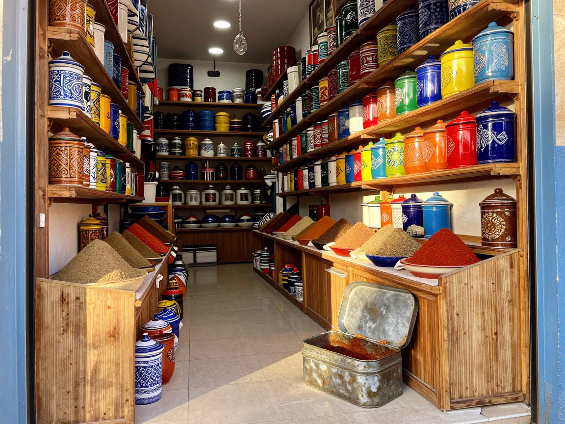 Shop Interior just after sunrise in Essaouira in in Essaouira, Morocco
