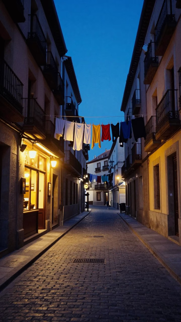 Shop Lights in Madrid at Blue Hour in in Madrid, Spain