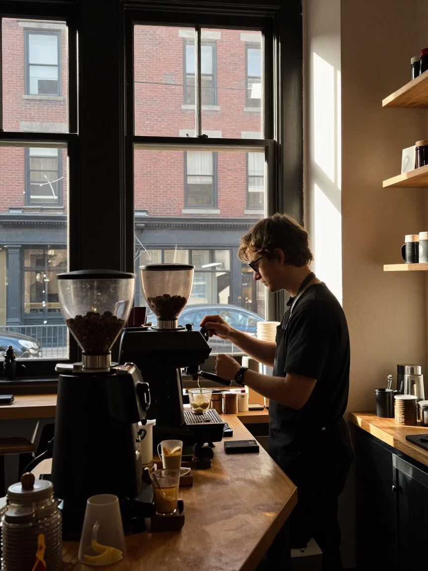 Shop Scene in Boston at As First Light Reaches The Scene in in Boston, Massachusetts, United States