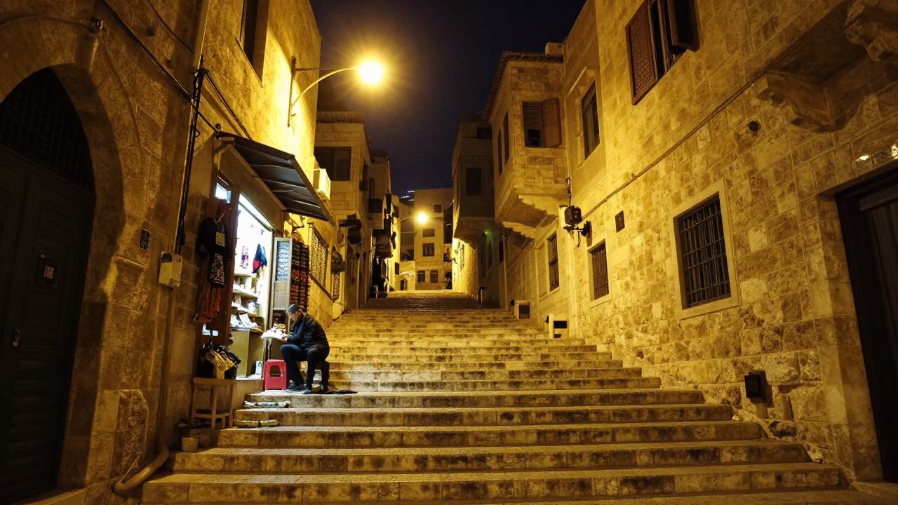 Shopkeeper after dark in Amman in in Amman, Jordan