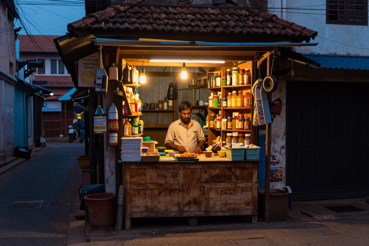 Shopkeeper after dark in Kochi in in Kochi, India